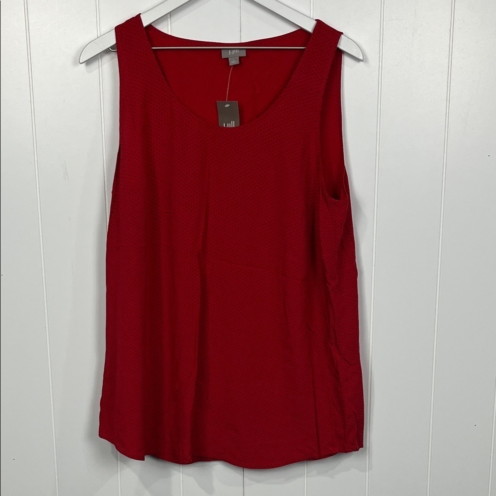 J. Jill Womens Tank L Red Black Polka Dots Sleeveless Pullover Curved Hem Rayon